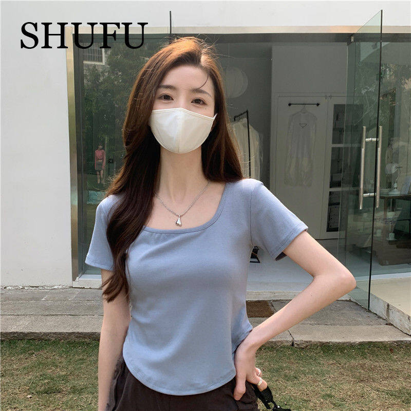 SHUFU 2295 Hàng sẵn sàng kiểu hàn quốc áo thun cotton cho nữ áo thun trơn tay ngắn cộng với áo cổ tr