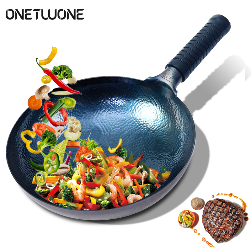Onetwone Handmade Wok Frying Pan Chinese Traditional wok 1.8 mm Thicknes Non-stick Wok No Coating Multipurpose Kitchen flat frying pan cookingWoks ราคา 756 บาท*ส่งฟรี