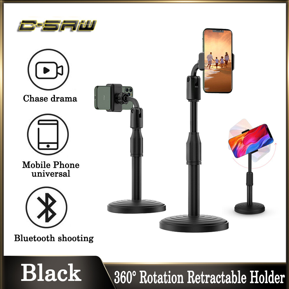 C-SAW Desktop Stable Cell Mobile Phone Holder Stand Live Video Desktop Online learning Desktop Mobile Desk Holder Retractable up and down universal rotation Good Quality Materials For Facebook Live Streaming Video Call Youtube Round Base phone Monopod