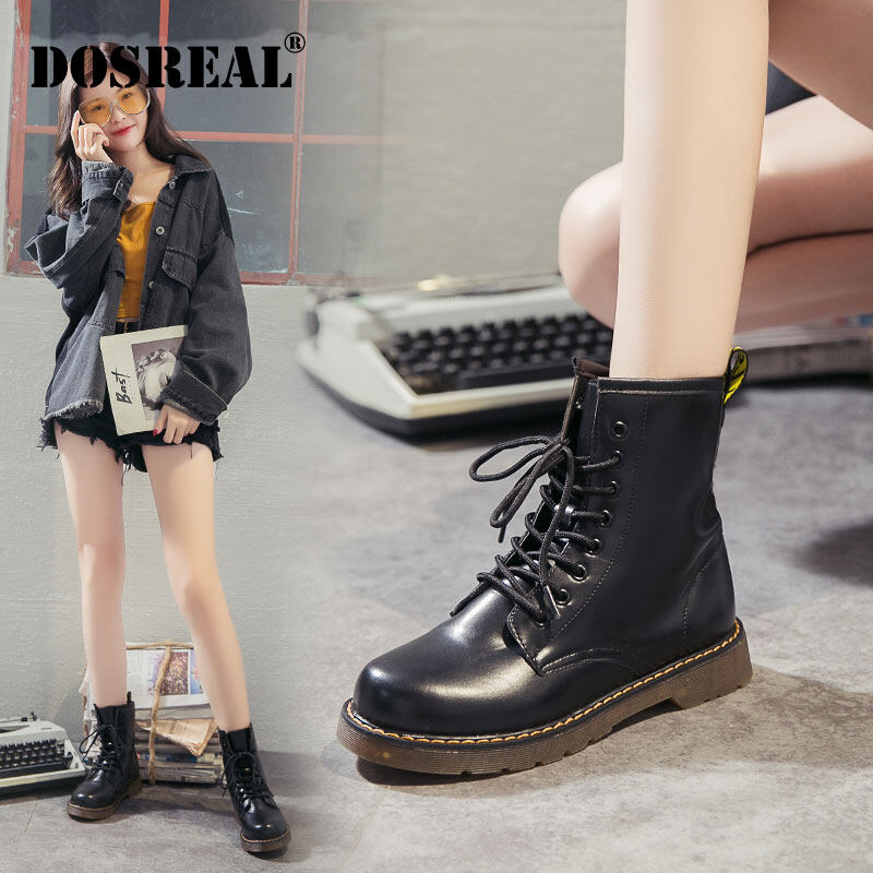 DOSREAL Boots For Women Korean Style Leather Shoes Casual Platform Thick High Tops Ankle Boots Lace Up Flat Heels Black Women Shoes ราคา 533 บาท*ส่งฟรี