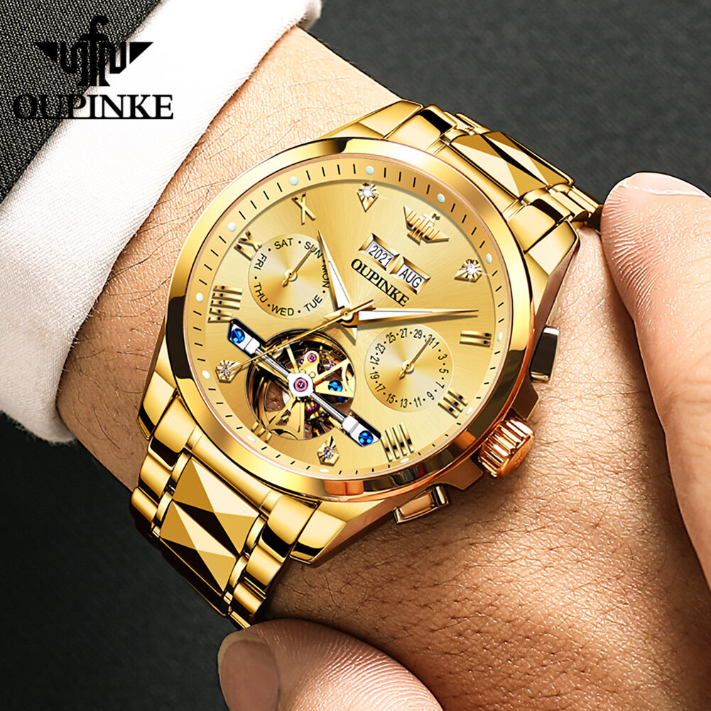 Top Swiss OUPINKE Gold Watch for Men Automatic Winding Original Waterproof 50M Mechanical Tourbillon Luxury Business Sapphire Crystal Luminous Watch Multi-color ราคา 9,800 บาท*ส่งฟรี