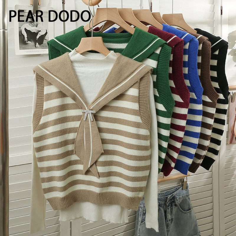 Pear dodo áo gi-lê dệt kim cổ chữ v cổ điển phong cách hải quân hàn quốc kẻ sọc cho nữ