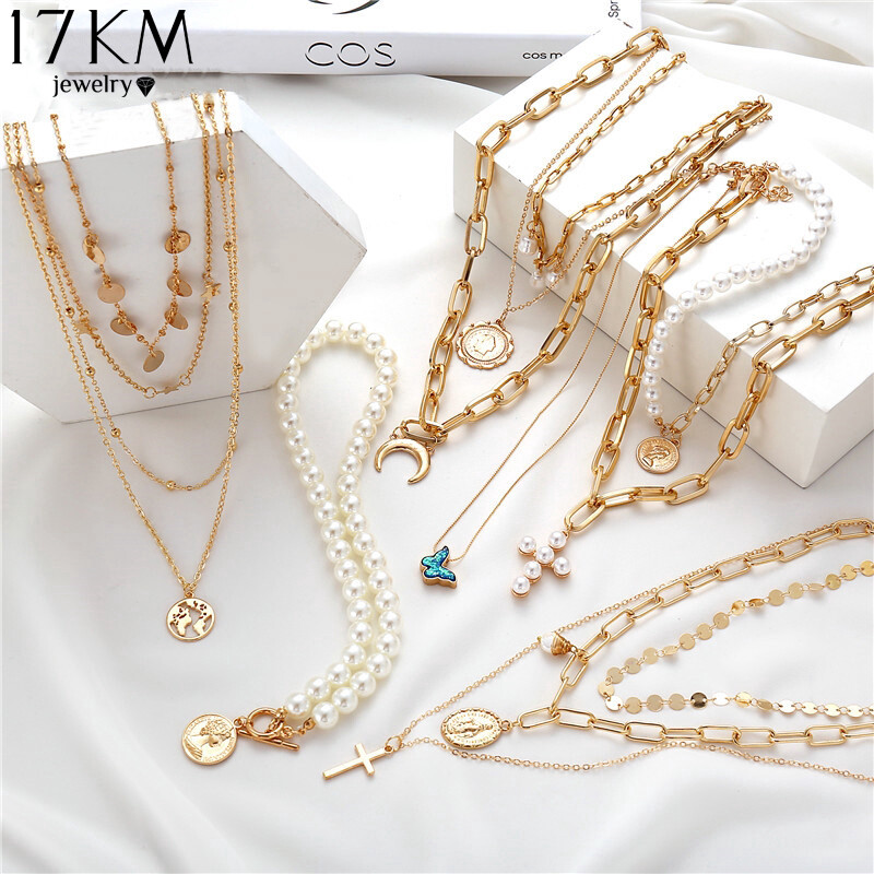 Vòng Cổ Vàng Thời Trang Nhiều Lớp 17KM, Ngọc Trai Choker Chữ Thập Dây Chuyền Mặt Dây Chuyền Phụ Kiện Cổ Điển Cho Nữ