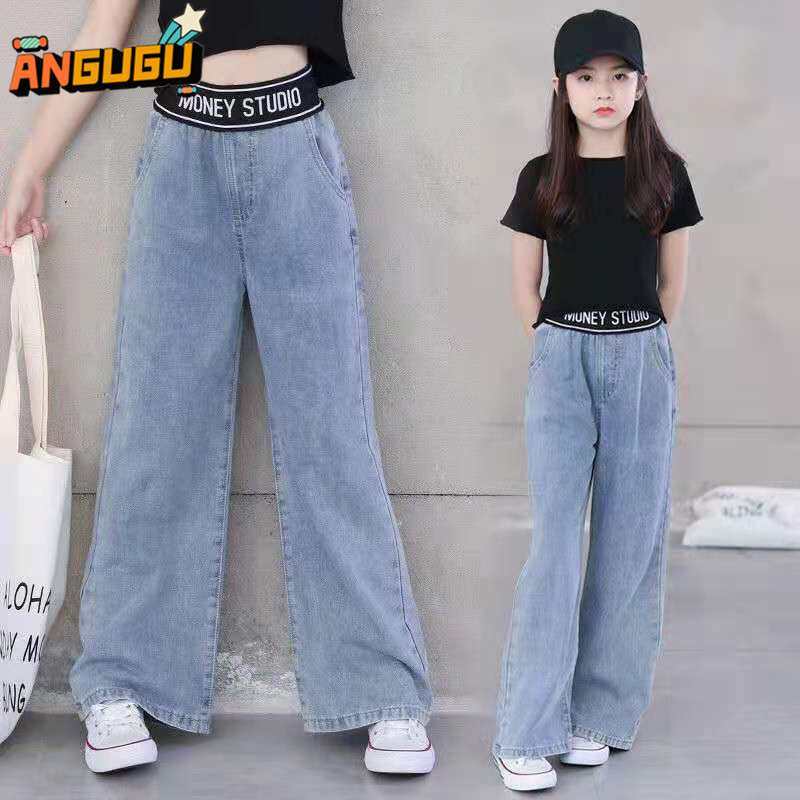 Angugu Girls Jeans 2021 Spring and Autumn New Fashion Western Girl Casual Wide-leg Trousers 1 To 2 T