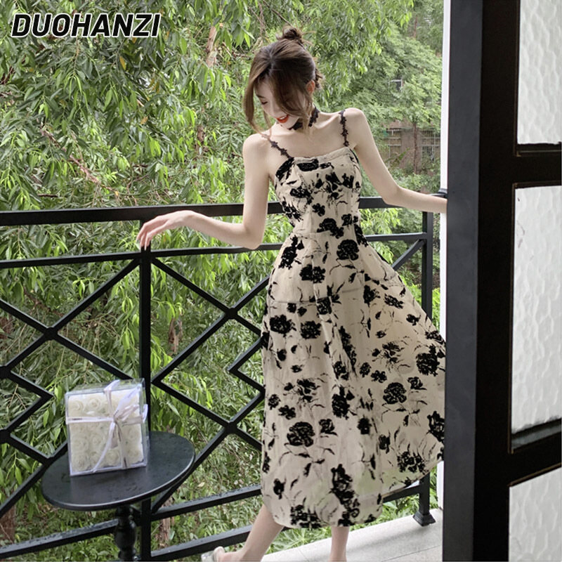 DUOHANZI phong cách kiểu Hepburn cổ điển Pháp Váy Yếm Nữ váy hoa mùa hè