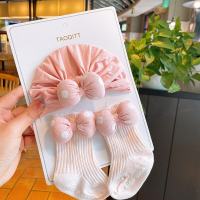 2 Pcs/Set Baby Turban Cap And Socks Cute Bow Elastic Newborn Hat Soft Cotton Anti-Slip Infant Socks Spring Summer Baby Accessories