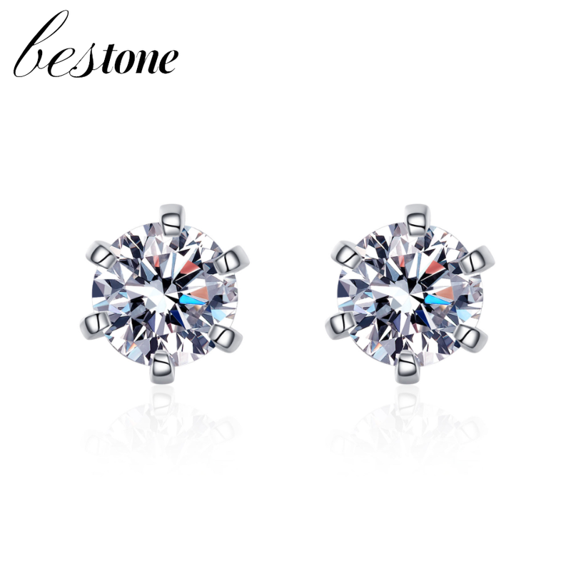 Bestone 6 móng vuốt moissanite bông tai bạc ý 925 bông tai nữ vít bông tai mạ vàng pt950 trang sức