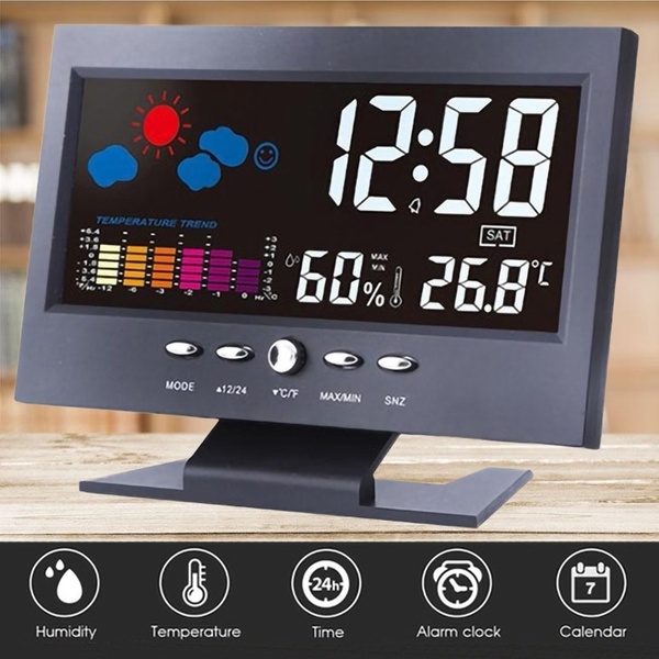 Cod√ màn hình màu lcd okhome đèn nền kỹ thuật số báo lại đồng hồ báo thức dự báo thời tiết trạm nhiệt độ trong nhà độ ẩm thời gian hiển thị ngày đồng hồ với nghệ thuật cho gia đình văn phòng phòng bàn máy tính để bàn