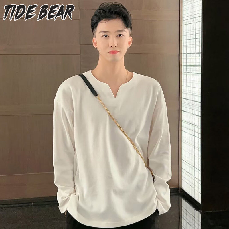 TIDE BEAR Áo thun polo namNgười đàn ông của Niche thiết kế dài tay hàng đầu đơn mỏng màu mặc lót dài tay áo sơ mi