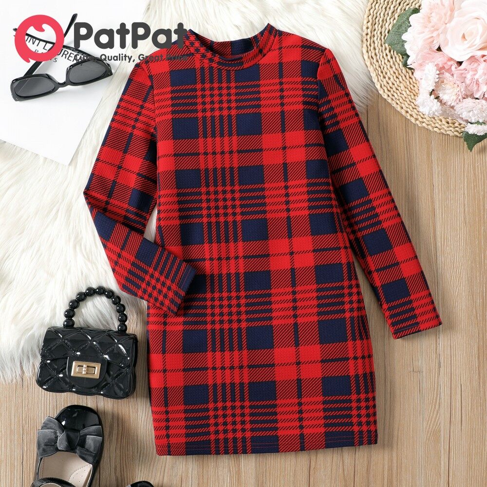 PatPat Kid Girl Plaid Stand Collar Long-sleeve Dress Lazada