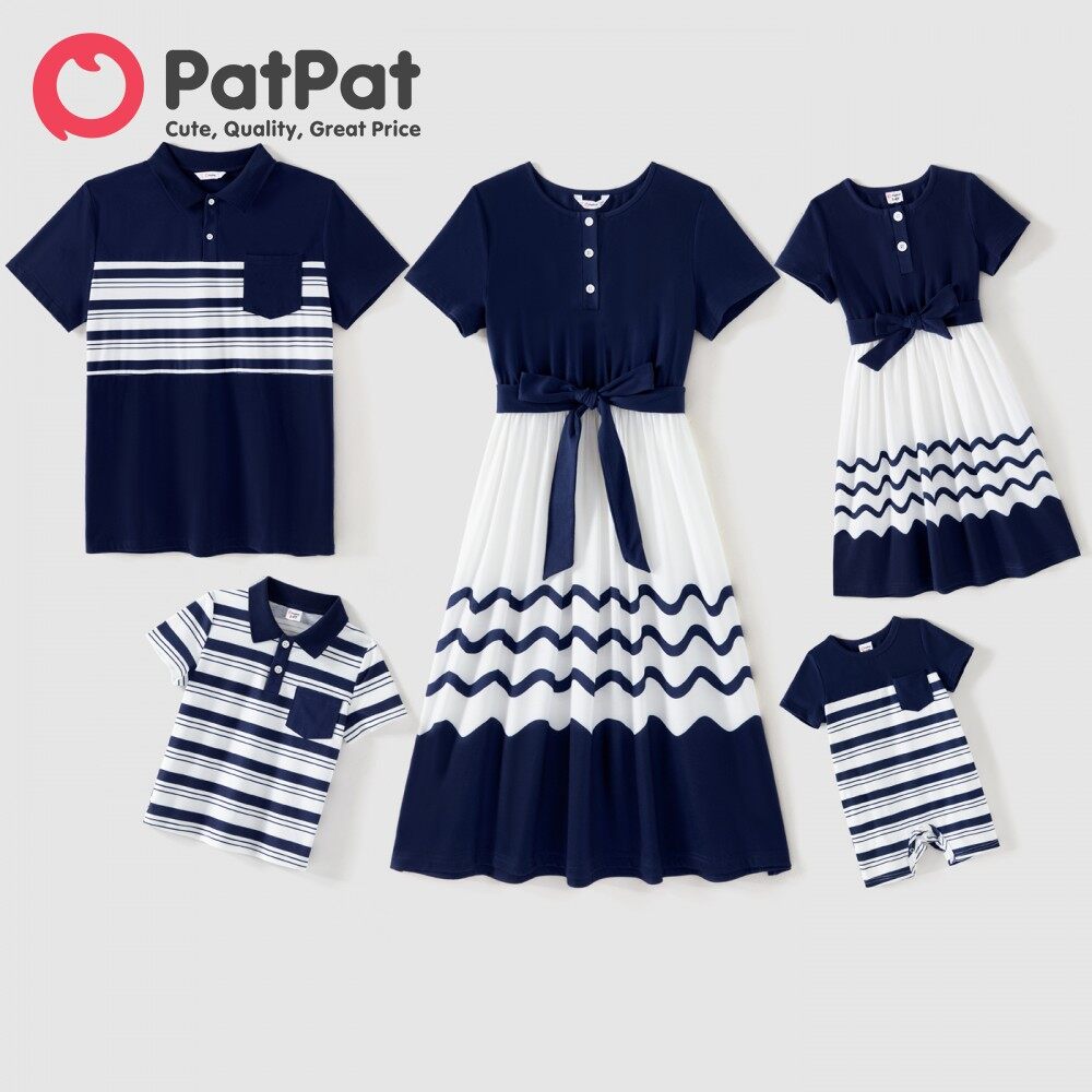 PatPat Family Bộ Áo Polo Kẻ Sọc Và Váy Họa Tiết Chữ V Ghép Nối Ngắn Tay