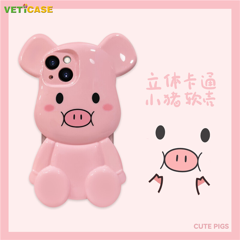 3D lợn màu hồng dễ thương bọc hoàn toàn ống kính gấu hung bạo gạch vỏ điện thoại cho Apple iPhone 13 12 11 Pro x XS Max XR silicon mềm TPU vỏ lưng bảo vệ ốp di động màu hồng