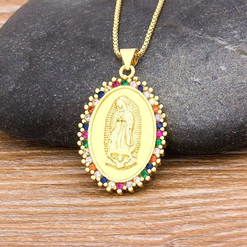 {hot} Nidin Rainbow Virgin Mary Pendant Necklaces For Women Gold Crystal Our Lady of Guadalupe Copper Cubic Zircon Jewelry
