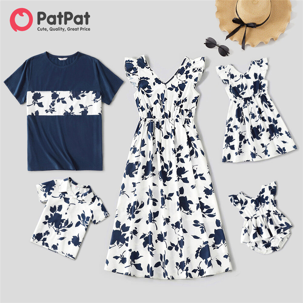 PatPat Family Matching Outfits Váy Tay BồNg Cổ Chữ V In Hoa Màu Xanh Dương