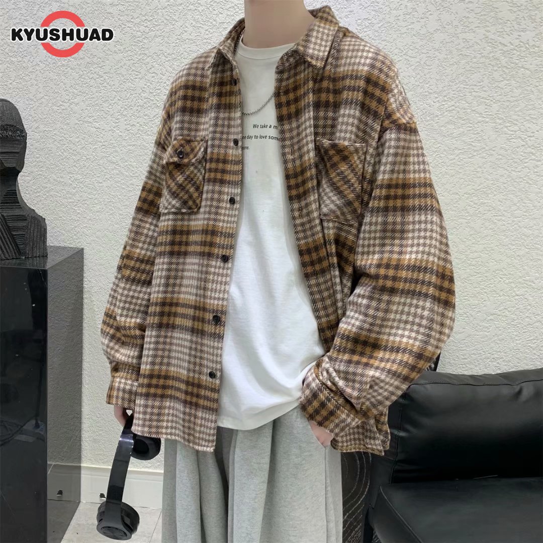 Kyushuad áo sơ mi kẻ sọc dài tay cho nam áo sơ mi thường ngày phong cách bến cảng mùa thu áo sơ mi kẻ sọc cho nam