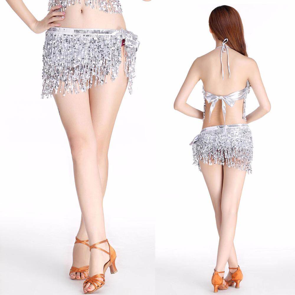 HIKAYA Women Sequin Skirt Tassels Belly Dance Hip Scarf Sparkly Rave Fringe Wrap Skirt