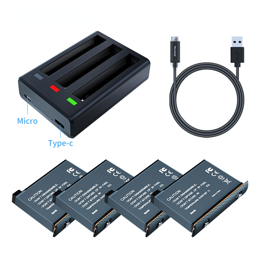 Telesin bộ sạc nhanh 3 khe pin 1700mah với đèn led cho insta360 one x2 phụ kiện máy ảnh