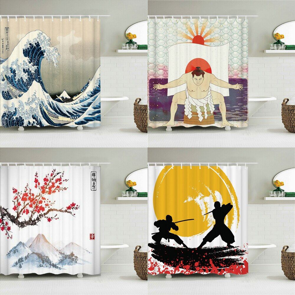 Rèm Tắm Bằng Vải Polyester Không Thấm Nước Rèm Tắm Trang Trí Phòng Tắm In 3D Phong Cảnh Samurai Sóng Phong Cách Nhật Bản