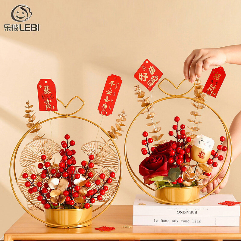 Lebi hoa giả quả tài lộc màu đỏ, hoa giả trang trí, trang trí bàn phòng khách, giỏ hoa, quà tân gia