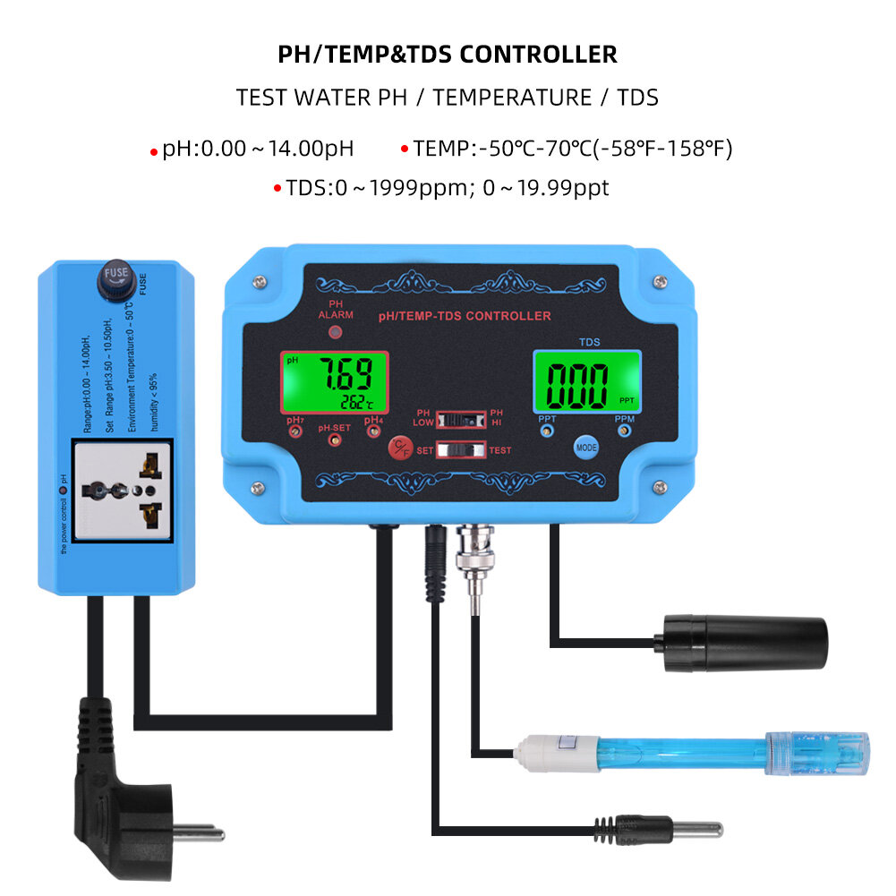 Rcyago máy dò chất lượng nước 3 trong 1 ph/tds/temp bộ điều khiển ph với điện cực đầu dò loại bnc máy kiểm tra chất lượng nước cho bể cá