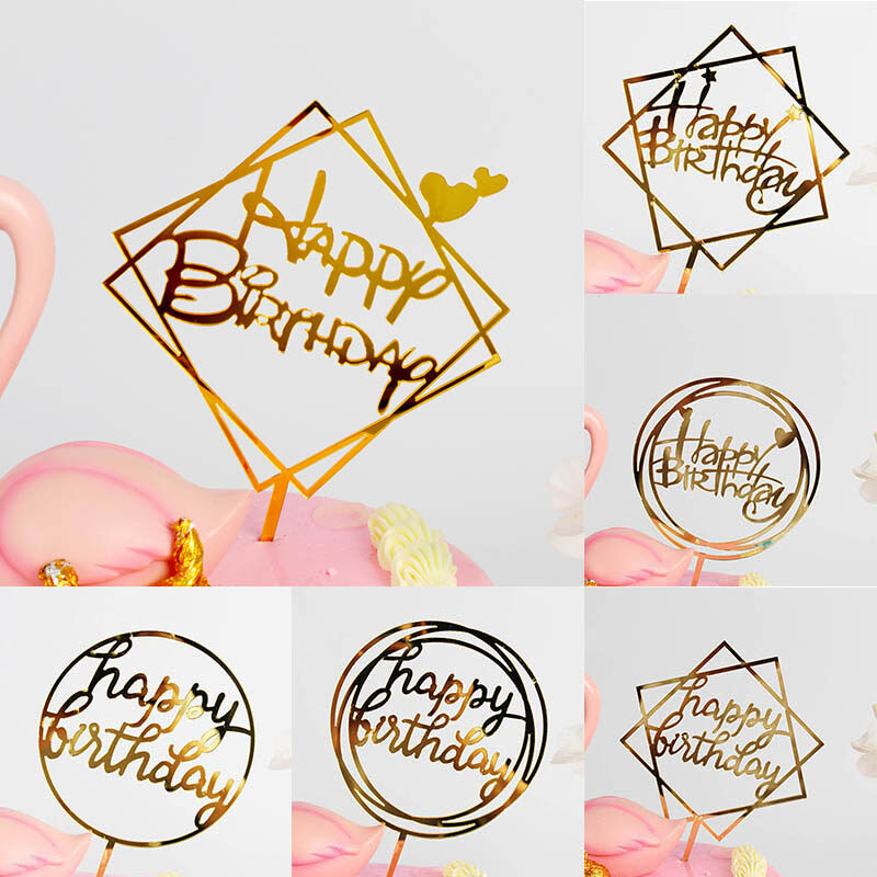 SHOOTHE Chúc Mừng Sinh Nhật Bánh Topper Thẻ Long Lanh Vàng Tráng Miệng Top Flag Acrylic Wedding Nguồn Cung Cấp Trang Trí 1 Cái