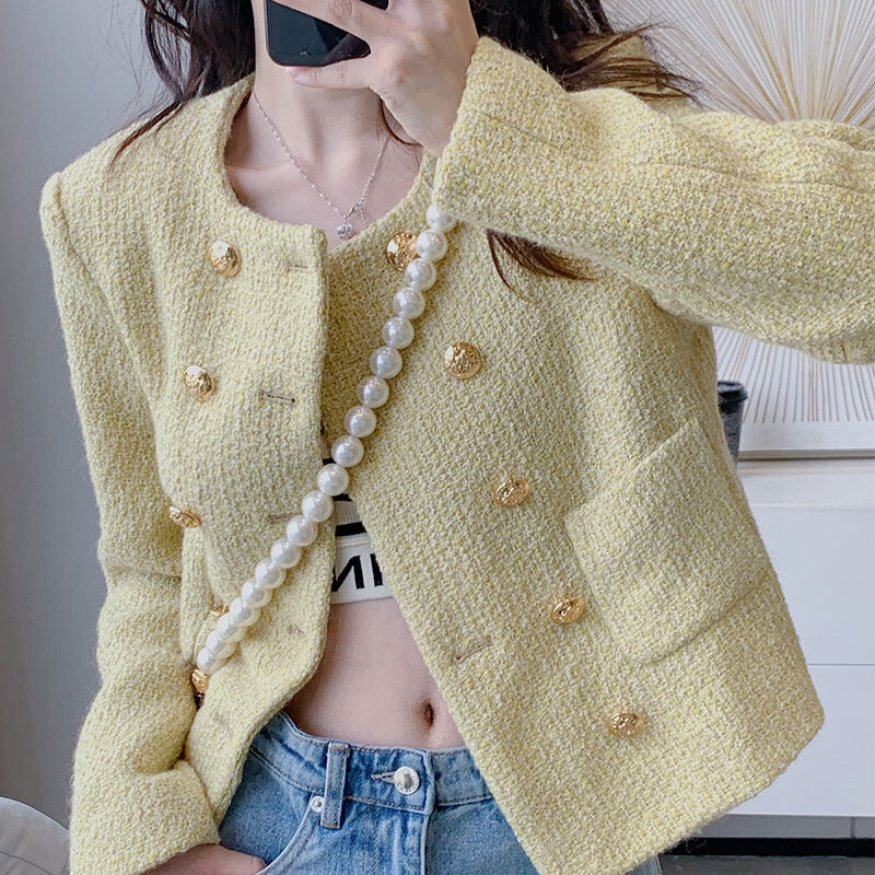 Áo khoác nữ, nhang nhỏ dệt màu vàng bộ đồ nữ ngắn gió, áo khoác cardigan mỏng khí chất áo khoác thời trang