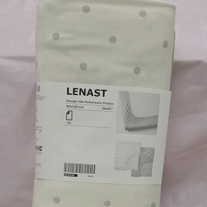 LENAST LEN Fitted sheet for cot, dotted/moon, white, pink grey