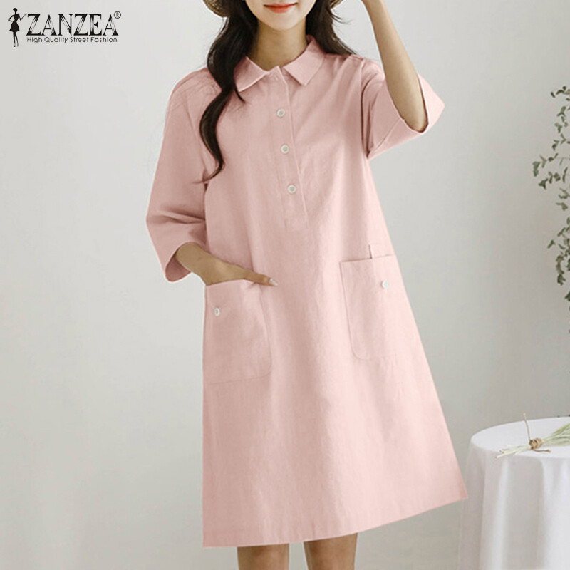 Zanzea đầm sơ mi màu trơn cổ ve áo ngắn tay phong cách hàn quốc cho nữ đầm midi ngắn đi biển dự tiệc #10