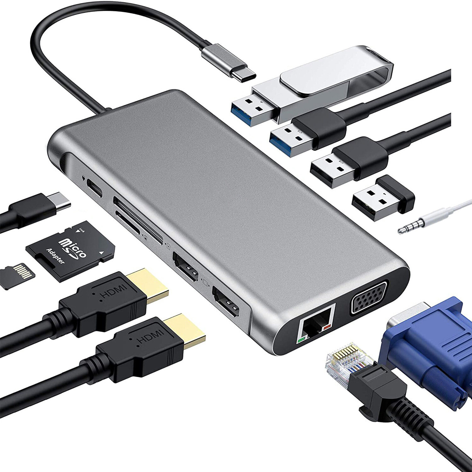12 Trong 1 USB Type C Hub Để Dual 4K HDMI USB3.0 USB2.0 PD Sạc VGA RJ45 3.5 Mét Jack Âm Thanh Với TF/SD Khe Cắm Thẻ USB HUB Adapter