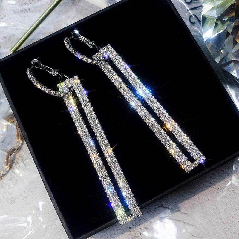Fancyqube Phong Cách Châu Âu Phóng Đại Hình Học Rhinestone Drop Bông Tai Dài Pha Lê Hình Chữ Nhật Bông Tai Cho Phụ Nữ Trang Sức Quà Tặng