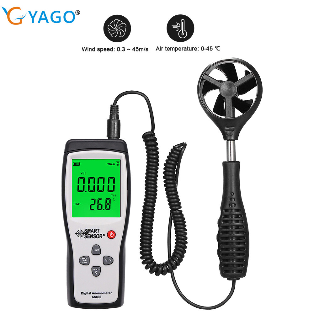Rcyago máy kiểm tra tốc độ gió độ chính xác cao kỹ thuật số máy kiểm tra gió as836 máy đo gió 0.3 ~ 45 mét/giây máy đo nhiệt độ gió để phát hiện tốc độ gió