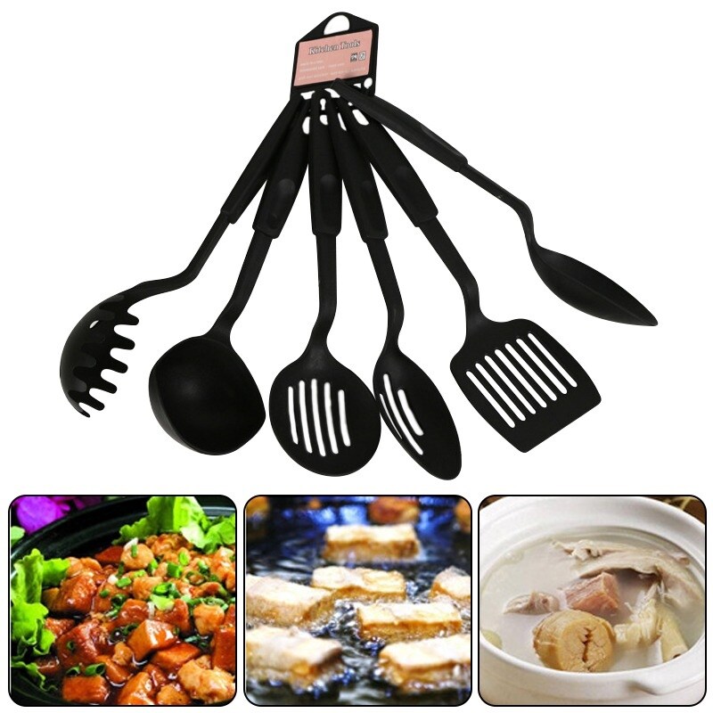{hot} 6pcs/set Black Kitchen Utensils Set Non stick Kitchenware Cooking Tools Spoon Soup Ladle Spatula Shovel Tools Gadget Accessories