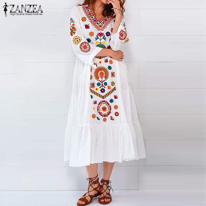 Đầm Dài Đi Biển ZANZEA Cho Nữ Cổ Chữ V Tay Dài Phong Cách Bohemia Váy Kaftan Maxi