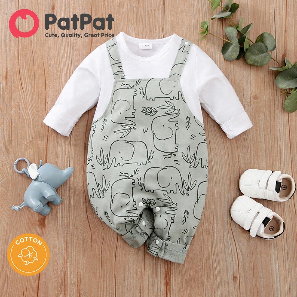 PatPat 100% Cotton Baby Boy Girl Romper All Over Cartoon Elephant Print