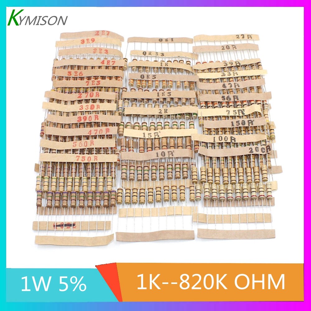 300 chiếc bộ điện trở bộ phân loại điện trở bốn vòng 1w 30 loại * 10 chiếc bộ điện trở màng cacbon 0.1 ~ 750 ohm 1k ~ 820k ohm