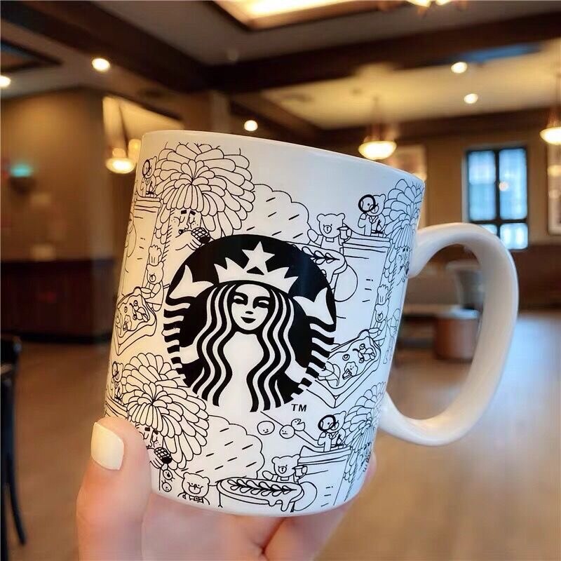 Starbuck cốc hình gấu bảo vệ môi trường graffiti có nắp cốc thìa cốc cà phê gốm sứ màu đỏ lưới ins hoạt hình