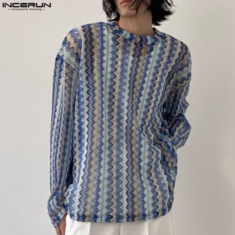 Incerun áo thun sọc xuyên thấu cổ điển dài tay cho nam áo thun hippie dáng rộng