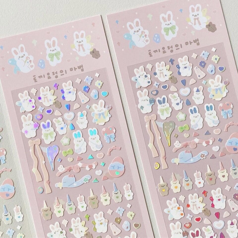 Sticker ba chiều bạc nóng hình gấu thỏ hoạt hình phong cách Hàn Quốc, nguyên liệu trang trí tự làm GaLiCiCi-INTL