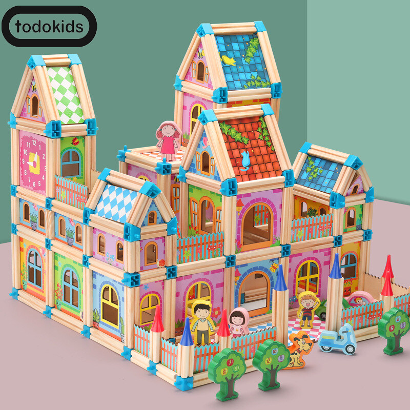 Todokids Bộ khối gỗ 128 268 cái để xây dựng mô hình nhà búp bê cho trẻ em