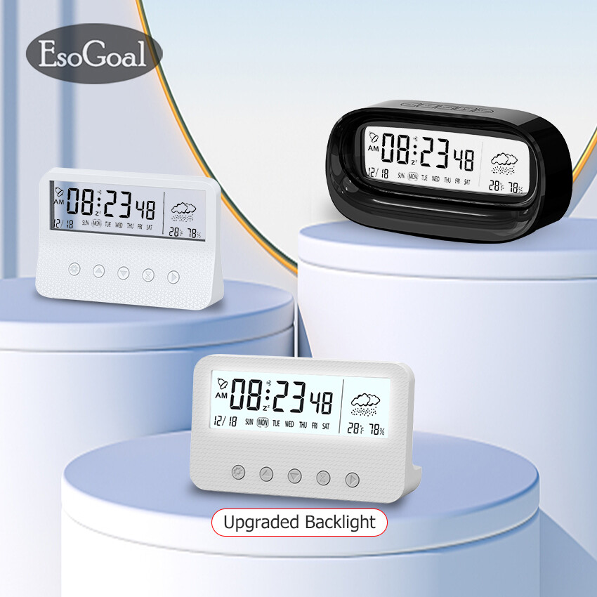 Esogoal đồng hồ báo thức đồng hồ báo thức lcd kỹ thuật số đồng hồ báo thức điện đèn nền đồng hồ hiển thị lịch độ ẩm nhiệt độ đồng hồ báo thức đèn nền thông minh đồng hồ để bàn chế độ báo thức báo thức ngày cuối tuần 12/24 giờ