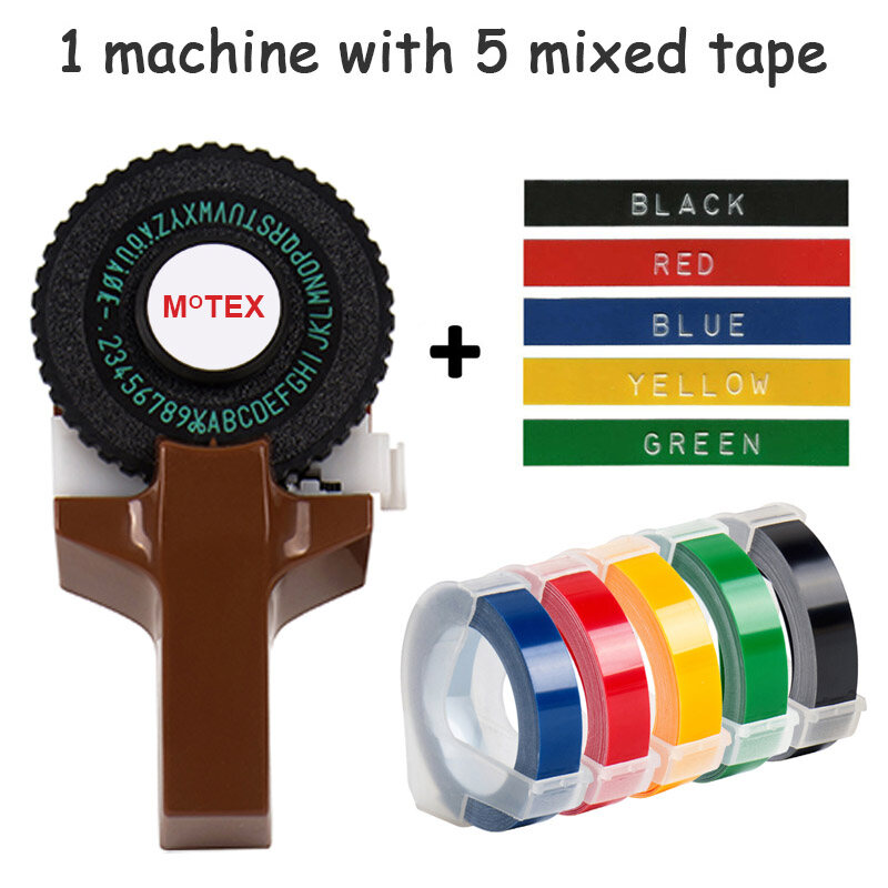 Máy làm nhãn e101 motex nhiều màu máy in nhãn thủ công với 5 băng keo nhựa pvc 9mm 3d dập nổi băng dành cho máy tạo nhãn dập nổi motex nguyên bản máy đánh chữ