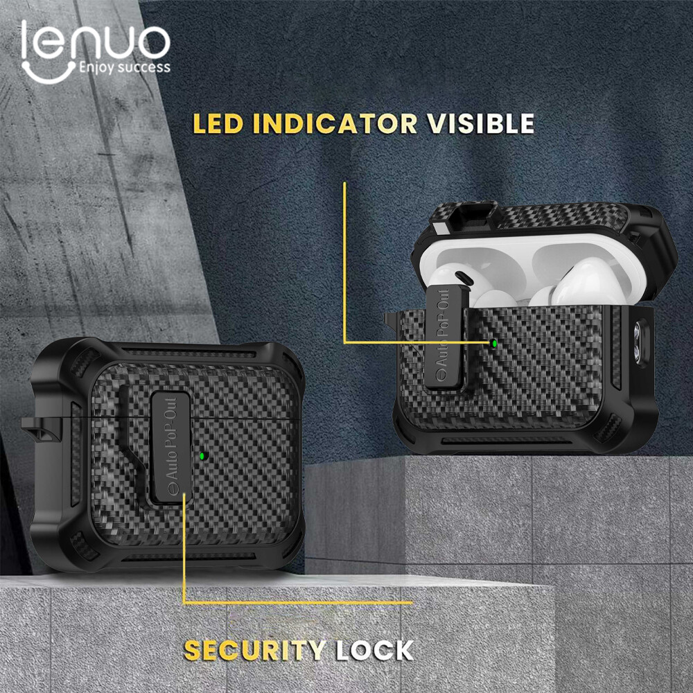 Lenuo Wireless Charging Case for AirPods Pro2 Back Cover With Ear Hooks Carbon Fiber Automatic Switch Shockproof Protective Cover for AirPods 2/3/1 With Carabiner ราคา 131 บาท*ส่งฟรี
