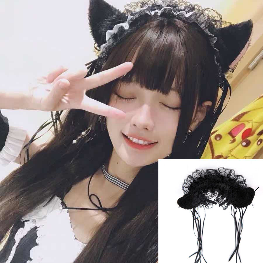 【♡Nhà Bé Gái Đáng Yêu♡】Băng Đô Ren Nhún Bèo Dễ Thương, Chuông Ruy Băng Tai Mèo Bằng Vải Nhung Lông Bờm Tóc Hóa Trang Lolita, Băng Đô Cho Nữ