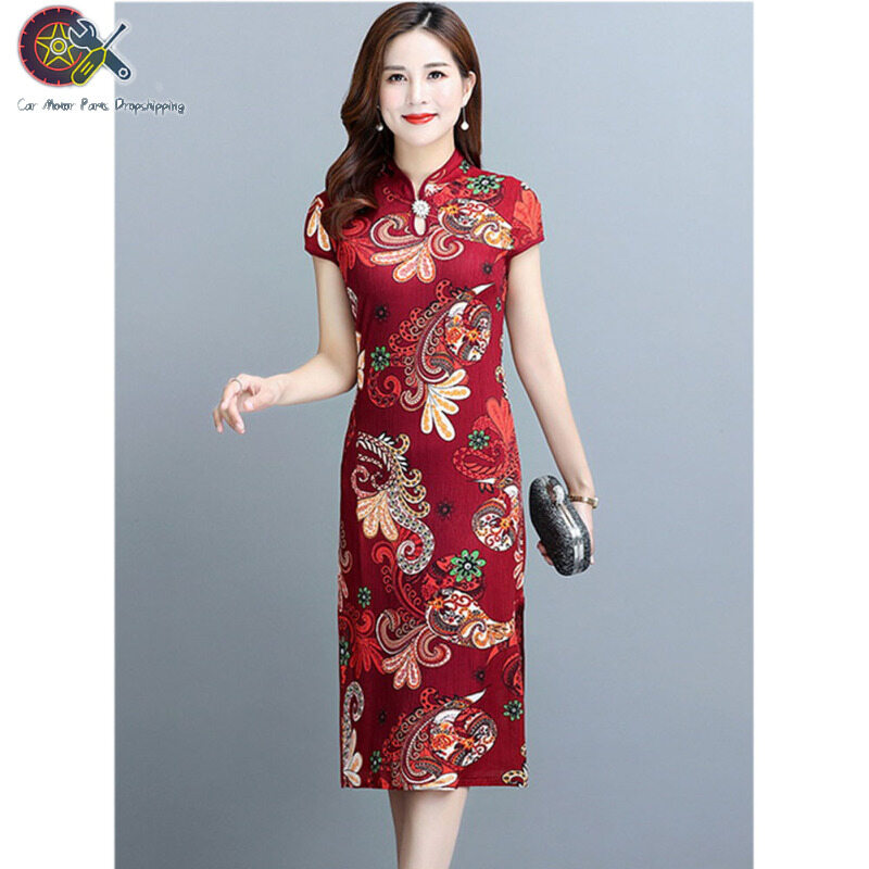 Đầm Thời Trang Nữ Qipao Đầm Sườn Xám Mỏng In Họa Tiết Tinh Tế Cạp Cao Phong Cách Trung Quốc Năm Mới Cá Tính