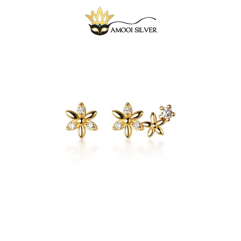 Bông tai bạc s925 hoa nhí 1 ngắn 1 dài - amooi silver ab116