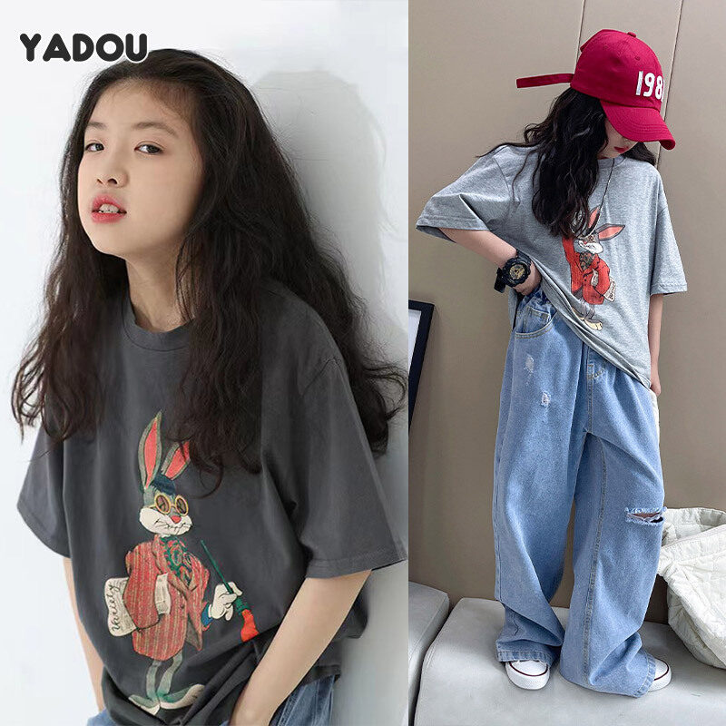 YADOU Children's clothing girls short-sleeved T-shirt new loose cartoon print children boys and girls short-sleeved ราคา 149 บาท*ส่งฟรี