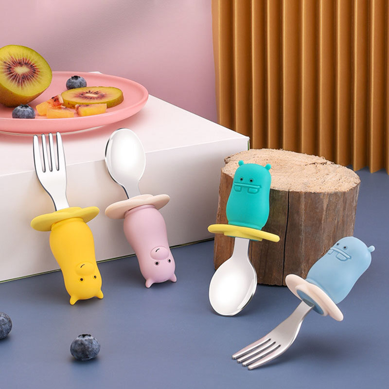 Mododo Cho Trẻ Sơ Sinh Ăn 2 Cái/Bộ Muỗng Nĩa Tay Cầm Ngắn, Bộ Đồ Ăn Mềm Cho Bé Khung Viền Silicon/Thép Không Gỉ 316 Họa Tiết Hoạt Hình Có Thể Tháo Rời, Dễ Nắm Bắt
