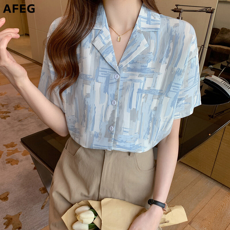 AFEG Áo Sơ Mi Thanh Lịch Có Ve Áo Ngắn Tay Phong Cách Hàn Quốc Mới Cho Nữ, Dành Cho Nữ