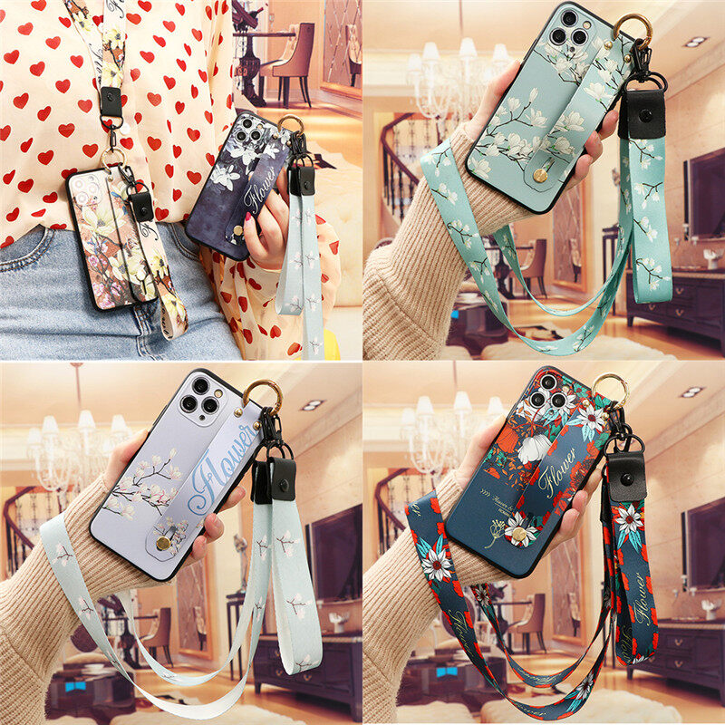 Phụ Kiện Dây Đeo Cổ Tay Vỏ Mộc Lan Ốp Lưng Silicon Màu Đen iPhone 11 11 Pro 11 Pro Max X XS XR Ốp Lưng XS Max 5 5S SE 6 6S 7 8 Plus Dây Đeo Cổ Tay Nhỏ Tươi Cho Nữ
