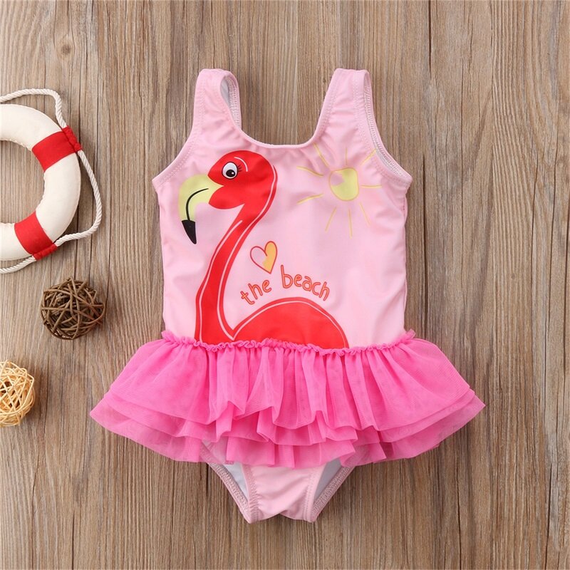 Kids Baby Girl Swimsuits Summer Layered Ruffled Goose Print Sleeveless Jumpsuit Swimwear Beachwear Bathing Suits